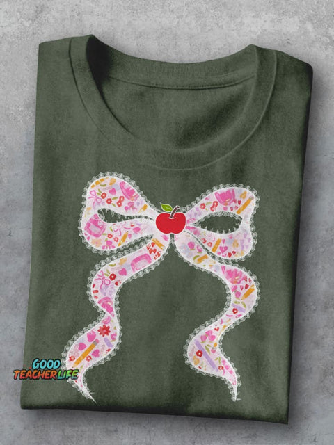 Lace Pink Back To School Coquette Preppy Teacher Bow Teacher Casual Print T-shirt