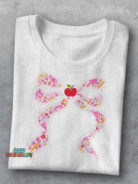 Lace Pink Back To School Coquette Preppy Teacher Bow Teacher Casual Print T-shirt