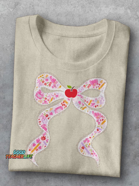 Lace Pink Back To School Coquette Preppy Teacher Bow Teacher Casual Print T-shirt