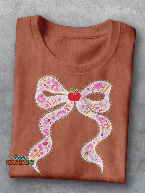 Lace Pink Back To School Coquette Preppy Teacher Bow Teacher Casual Print T-shirt
