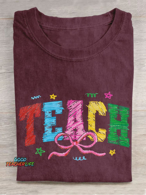 Flirty Teacher Flirty Bowing To Teach Crayon Graffiti Casual Print T-shirt