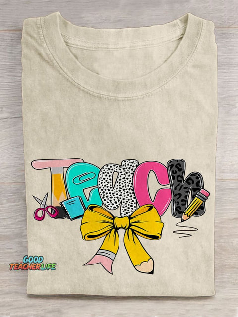Preppy Floral Teacher Preppy Teacher Pencil Glitter Casual Print T-shirt
