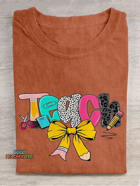 Preppy Floral Teacher Preppy Teacher Pencil Glitter Casual Print T-shirt