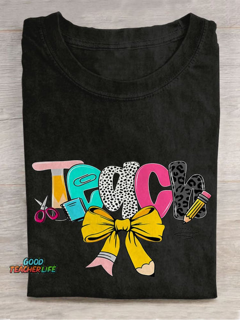 Preppy Floral Teacher Preppy Teacher Pencil Glitter Casual Print T-shirt
