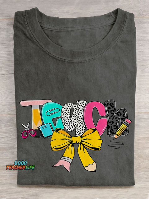 Preppy Floral Teacher Preppy Teacher Pencil Glitter Casual Print T-shirt
