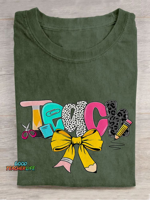 Preppy Floral Teacher Preppy Teacher Pencil Glitter Casual Print T-shirt