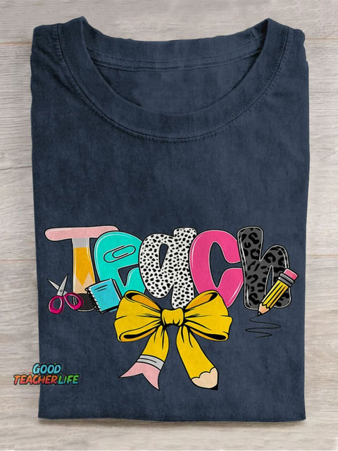 Preppy Floral Teacher Preppy Teacher Pencil Glitter Casual Print T-shirt