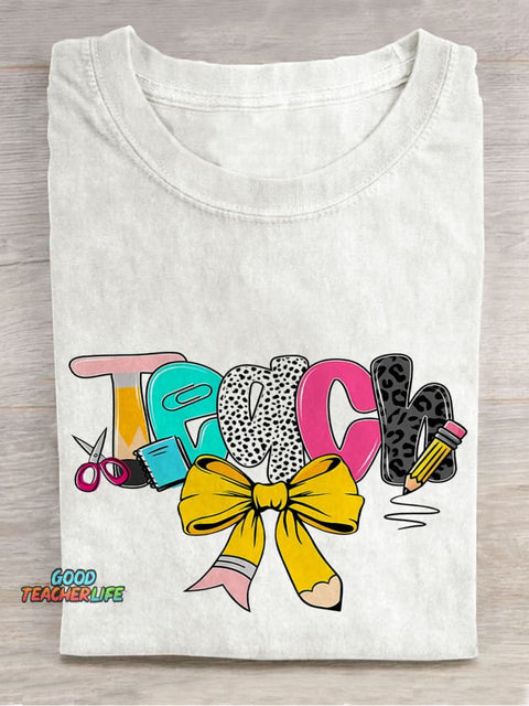 Preppy Floral Teacher Preppy Teacher Pencil Glitter Casual Print T-shirt