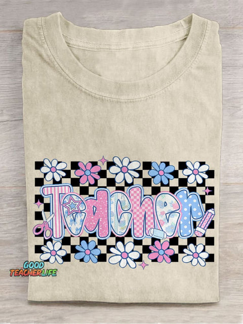 Floral Teacher Plaid Casual Print T-shirt