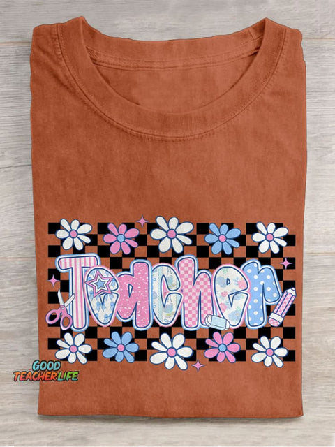 Floral Teacher Plaid Casual Print T-shirt