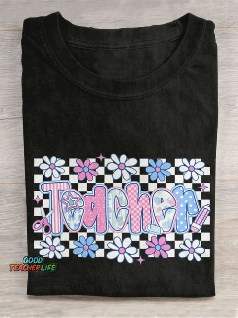 Floral Teacher Plaid Casual Print T-shirt