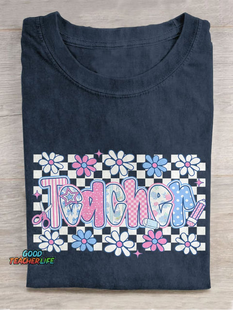 Floral Teacher Plaid Casual Print T-shirt