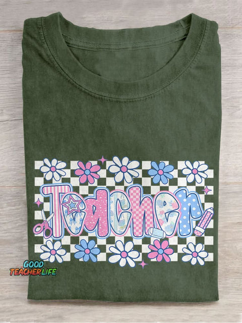 Floral Teacher Plaid Casual Print T-shirt
