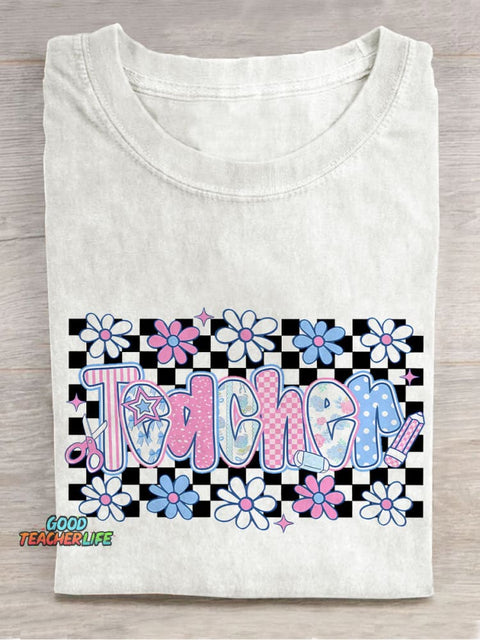 Floral Teacher Plaid Casual Print T-shirt