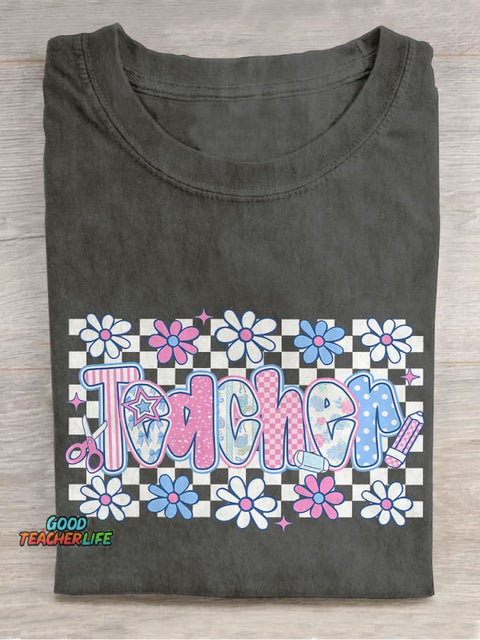 Floral Teacher Plaid Casual Print T-shirt