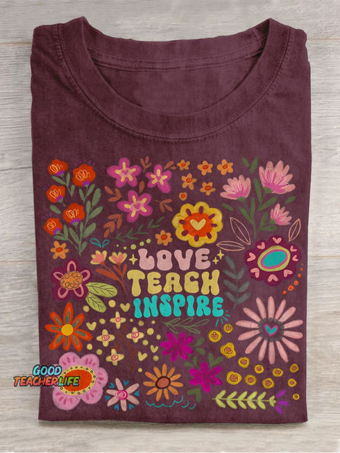 Love Teach Inspire Summer Floral Back To School Teacher Casual Print T-shirt