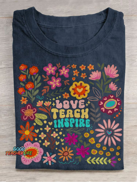 Love Teach Inspire Summer Floral Back To School Teacher Casual Print T-shirt