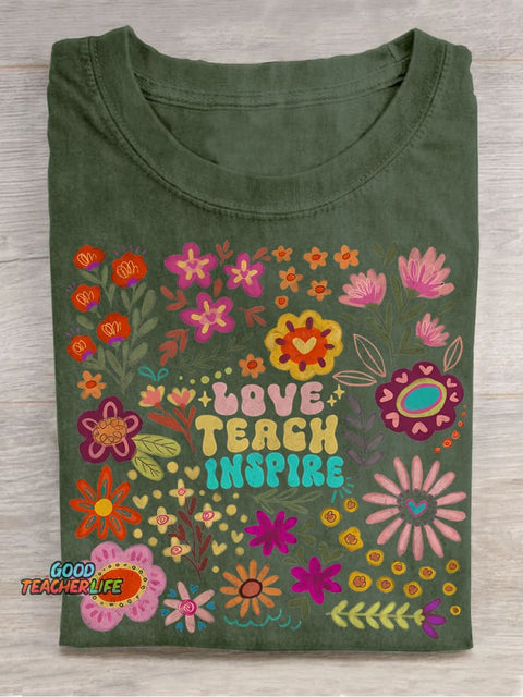 Love Teach Inspire Summer Floral Back To School Teacher Casual Print T-shirt