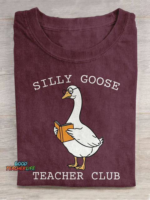 Silly Goose Teacher Club Goose Reading Casual Print T-shirt