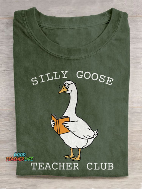 Silly Goose Teacher Club Goose Reading Casual Print T-shirt