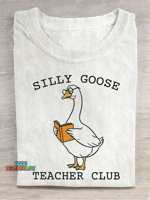 Silly Goose Teacher Club Goose Reading Casual Print T-shirt