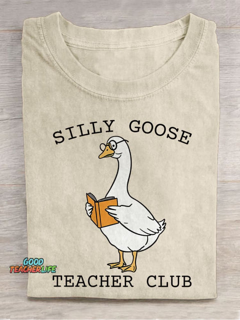 Silly Goose Teacher Club Goose Reading Casual Print T-shirt