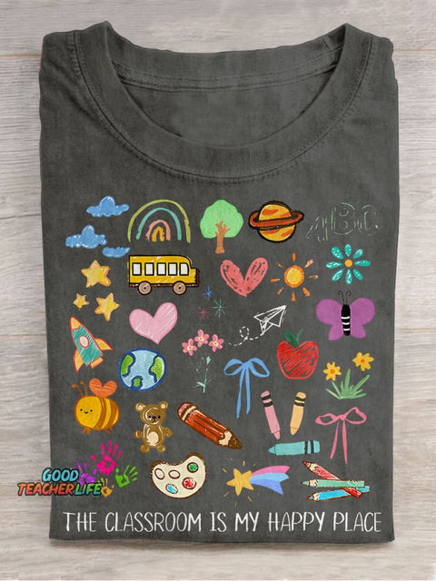 The Classroom Is My Happy Place Crayon Graffiti Flower Elementary Teacher Casual Print T-shirt