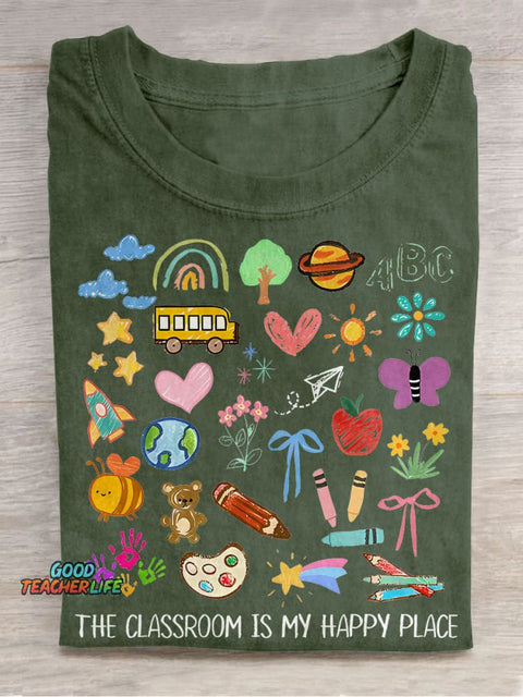 The Classroom Is My Happy Place Crayon Graffiti Flower Elementary Teacher Casual Print T-shirt