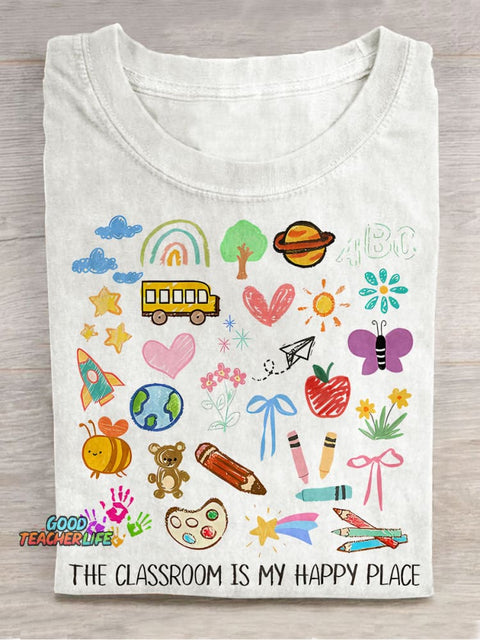 The Classroom Is My Happy Place Crayon Graffiti Flower Elementary Teacher Casual Print T-shirt