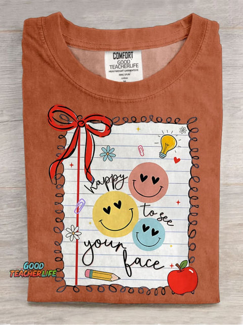 Retro Teacher Happy To See Your Face Casual Print T-shirt