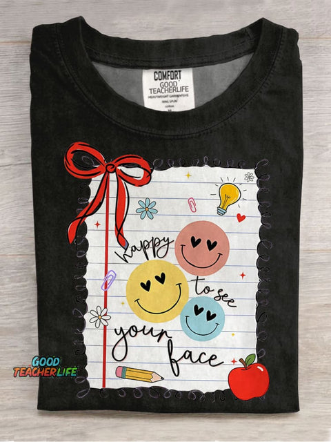 Retro Teacher Happy To See Your Face Casual Print T-shirt