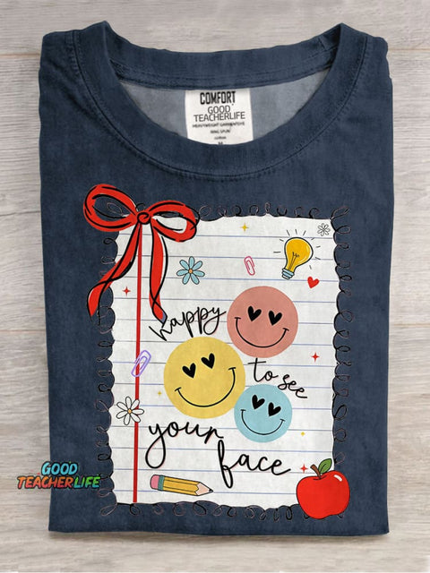 Retro Teacher Happy To See Your Face Casual Print T-shirt