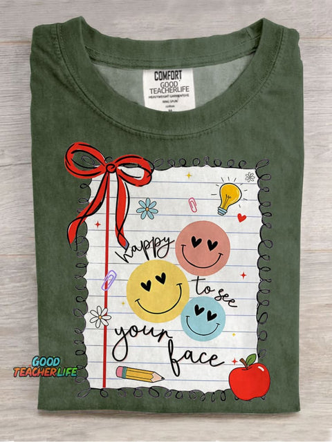 Retro Teacher Happy To See Your Face Casual Print T-shirt