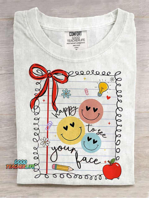 Retro Teacher Happy To See Your Face Casual Print T-shirt