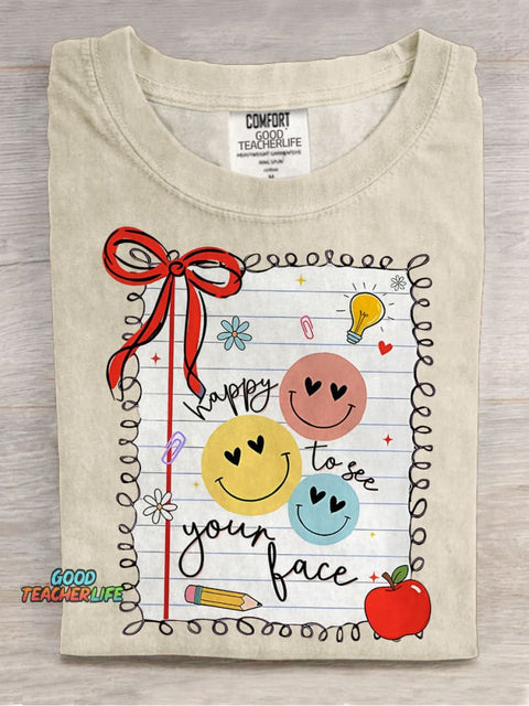 Retro Teacher Happy To See Your Face Casual Print T-shirt