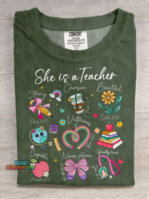She Is Teacher Christian Teacher Bible Floral Casual Print T-shirt