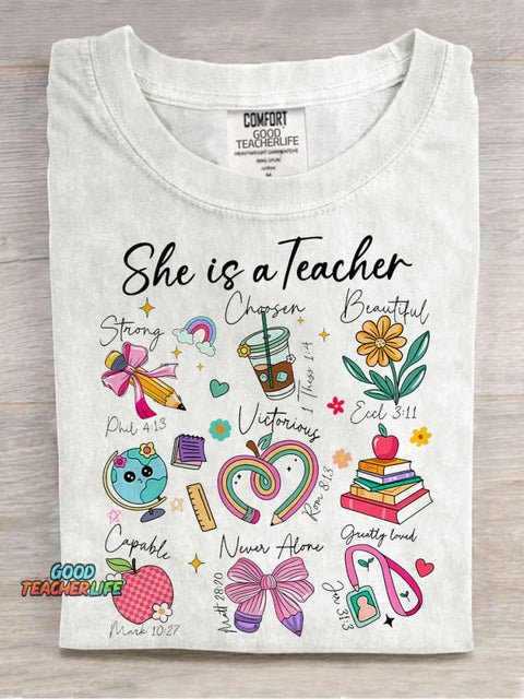 She Is Teacher Christian Teacher Bible Floral Casual Print T-shirt