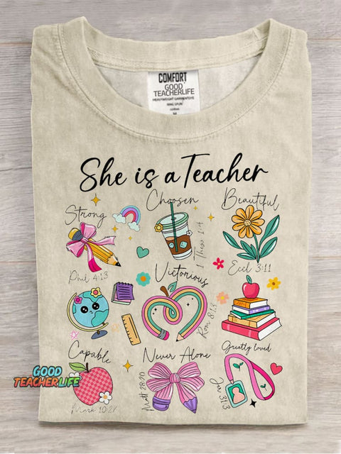 She Is Teacher Christian Teacher Bible Floral Casual Print T-shirt