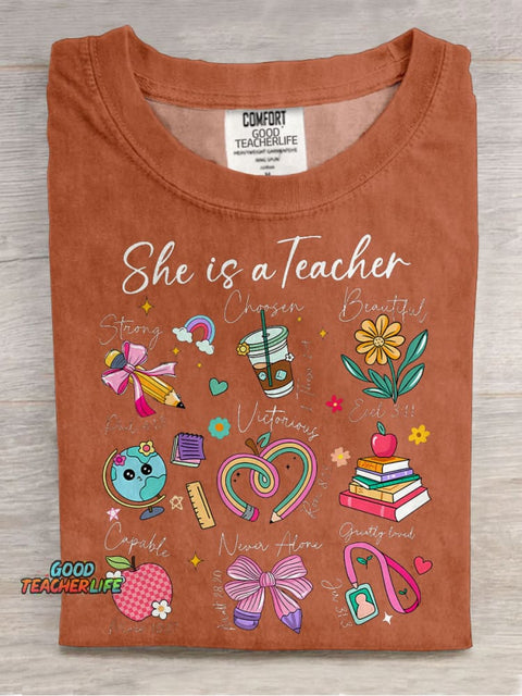 She Is Teacher Christian Teacher Bible Floral Casual Print T-shirt