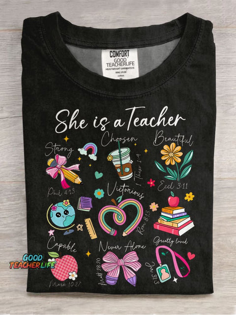 She Is Teacher Christian Teacher Bible Floral Casual Print T-shirt