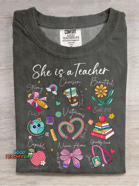 She Is Teacher Christian Teacher Bible Floral Casual Print T-shirt