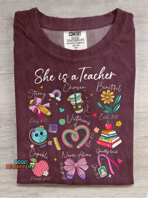 She Is Teacher Christian Teacher Bible Floral Casual Print T-shirt