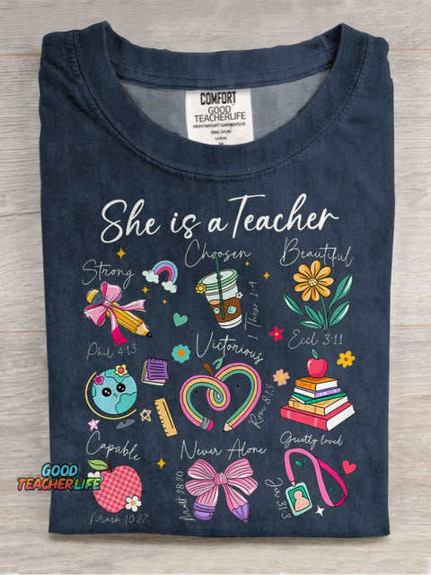 She Is Teacher Christian Teacher Bible Floral Casual Print T-shirt