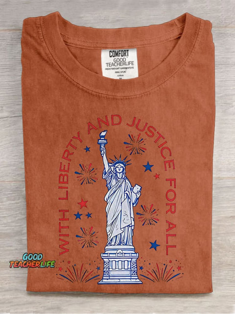 With Liberty And Justice For All Teacher Casual Print T-shirt