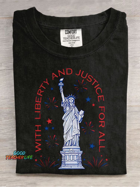 With Liberty And Justice For All Teacher Casual Print T-shirt