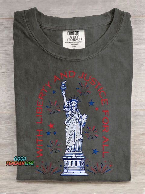 With Liberty And Justice For All Teacher Casual Print T-shirt