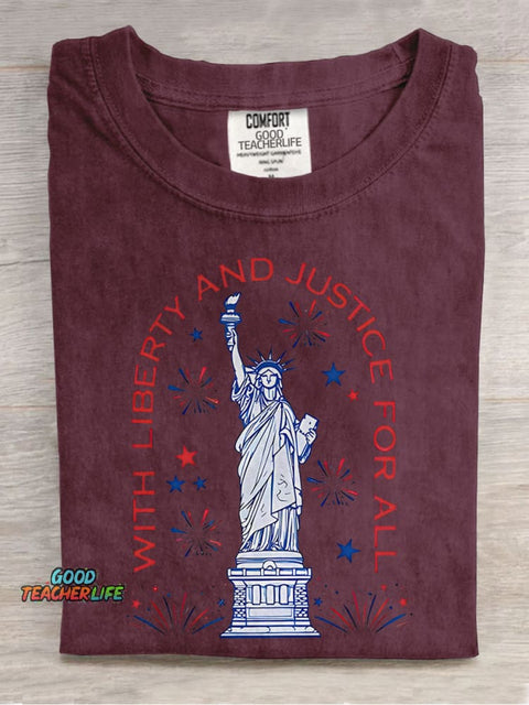 With Liberty And Justice For All Teacher Casual Print T-shirt