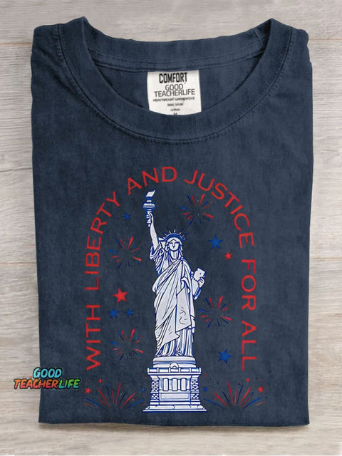 With Liberty And Justice For All Teacher Casual Print T-shirt