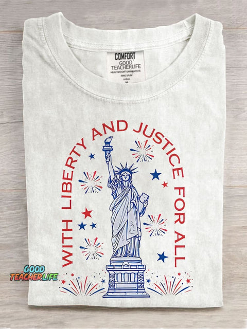 With Liberty And Justice For All Teacher Casual Print T-shirt