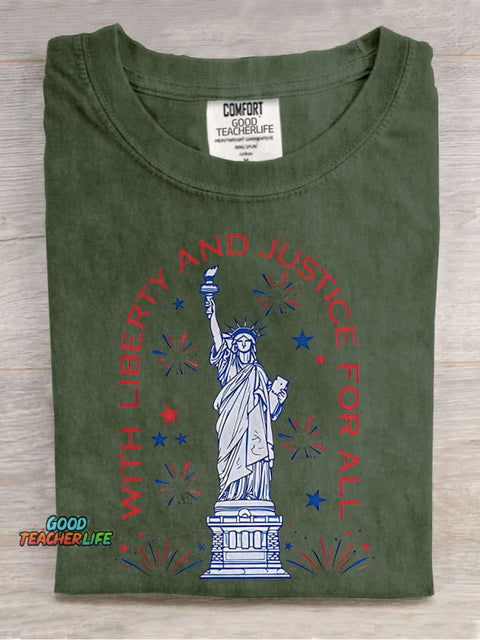 With Liberty And Justice For All Teacher Casual Print T-shirt